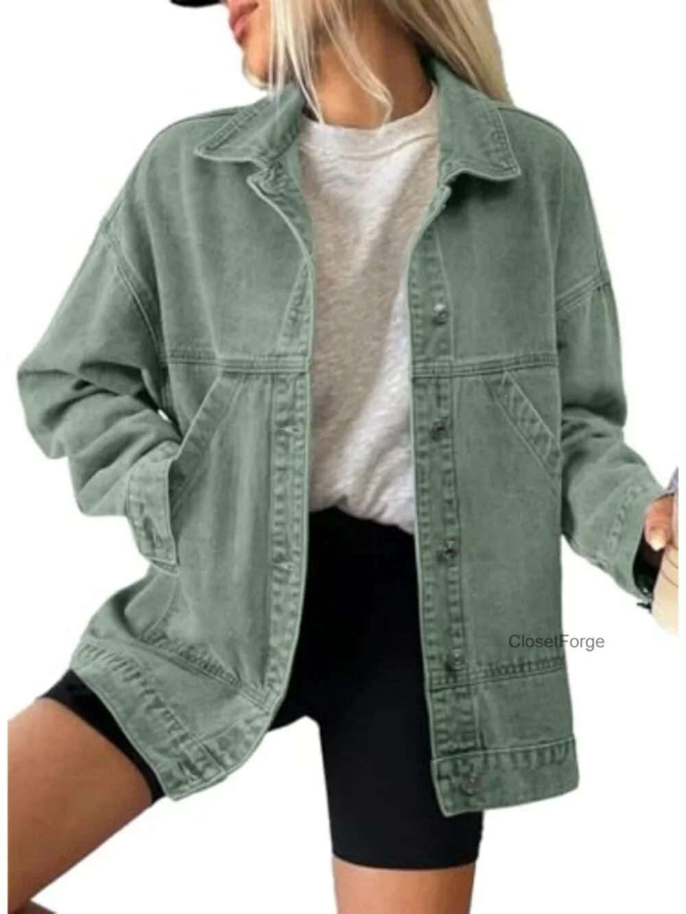 Casual Denim Jacket Long Sleeve Drop Shoulder Button Front Jean Coat with